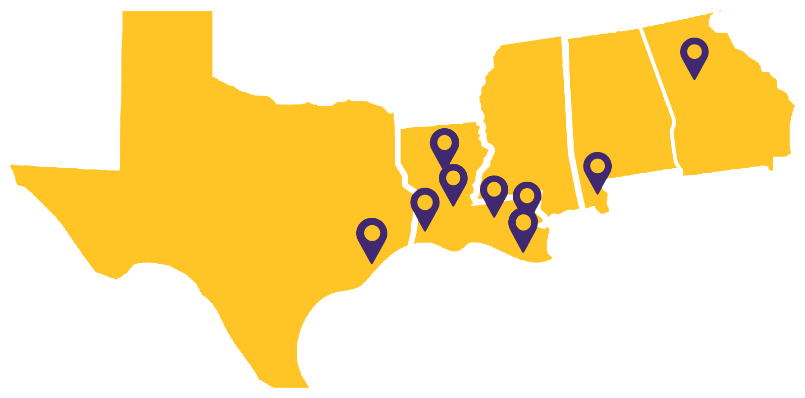 map of south, plus texas, minus florida